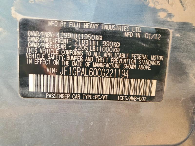 Продаж на аукціоні авто 2012 Subaru Impreza Base 4d Wago, vin: JF1GPAL60CG221194, номер лоту: 65678276