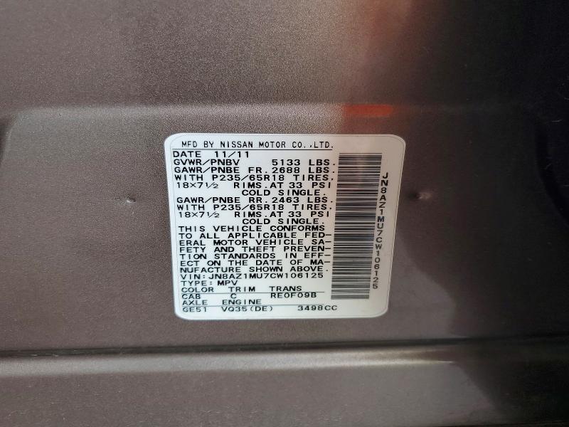 Aukcja sprzedaży 2012 Nissan Murano, vin: JN8AZ1MU7CW106125, numer aukcji: 65960716