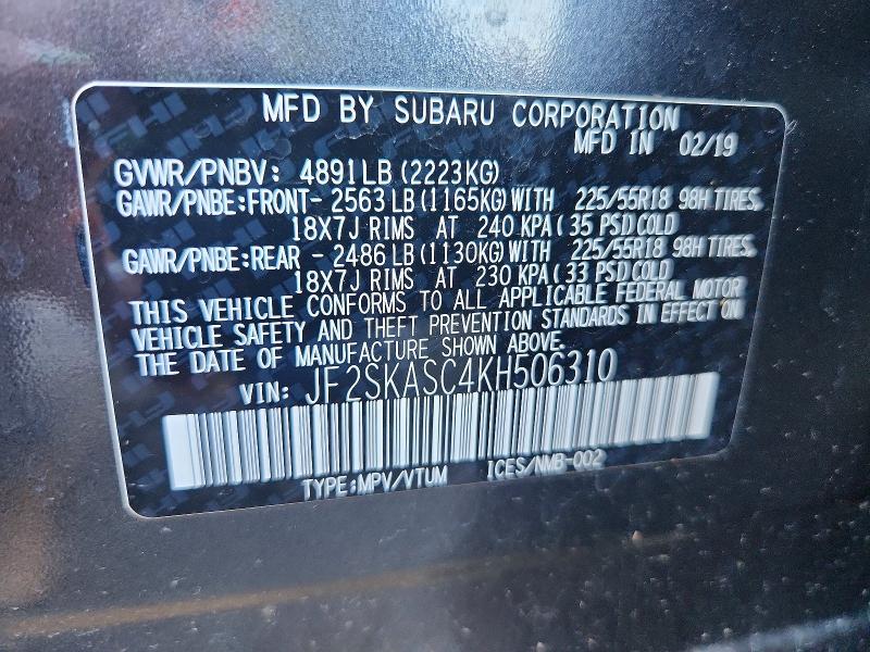 Aukcja sprzedaży 2019 Subaru Forester, vin: JF2SKASC4KH506310, numer aukcji: 64616976