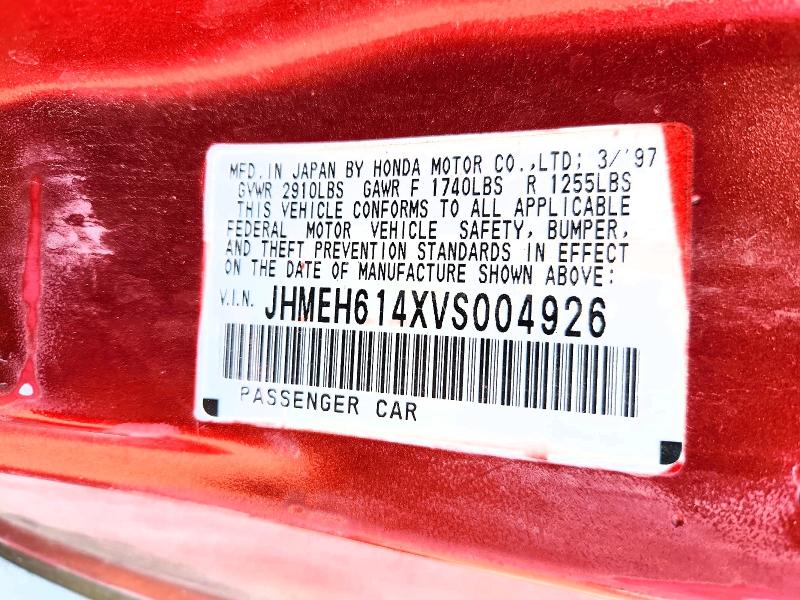 1997 Honda Civic მანქანა იყიდება აუქციონზე, vin: JHMEH614XVS004926, აუქციონის ნომერი: 63263316
