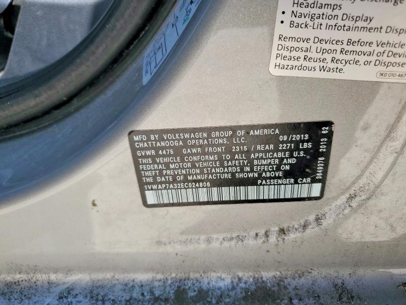 2014 Volkswagen Passat მანქანა იყიდება აუქციონზე, vin: 1VWAP7A32EC024806, აუქციონის ნომერი: 65133826