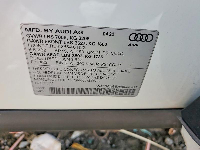 Продаж на аукціоні авто 2022 Audi E-tron, vin: WA13AAGE7NB035738, номер лоту: 66357426