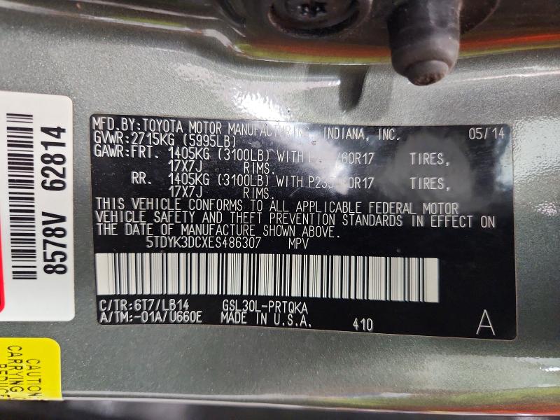2014 Toyota Sienna მანქანა იყიდება აუქციონზე, vin: 5TDYK3DCXES486307, აუქციონის ნომერი: 67019586
