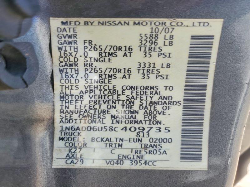 2008 Nissan Frontier მანქანა იყიდება აუქციონზე, vin: 1N6AD06U58C409735, აუქციონის ნომერი: 65135026