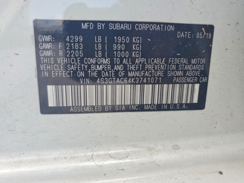 64629056 :رقم المزاد ، 4S3GTAC64K3741071 vin ، 2019 Subaru Impreza مزاد بيع