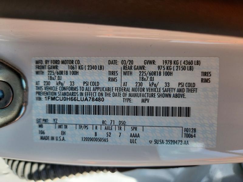 2020 Ford Escape მანქანა იყიდება აუქციონზე, vin: 1FMCU0H66LUA78480, აუქციონის ნომერი: 63623476