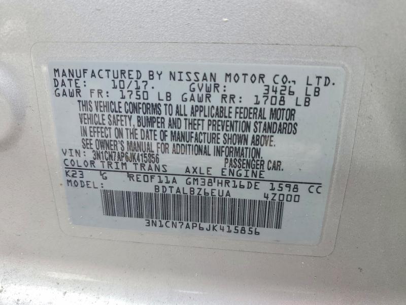 65349986 :رقم المزاد ، 3N1CN7AP6JK415856 vin ، 2018 Nissan Versa مزاد بيع
