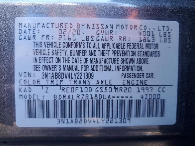 2020 Nissan Sentra მანქანა იყიდება აუქციონზე, vin: 3N1AB8DV4LY221309, აუქციონის ნომერი: 63362896
