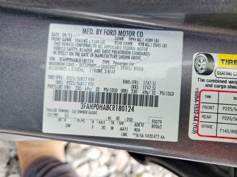 Продаж на аукціоні авто 2012 Ford Fusion, vin: 3FAHP0HA8CR180124, номер лоту: 64239156