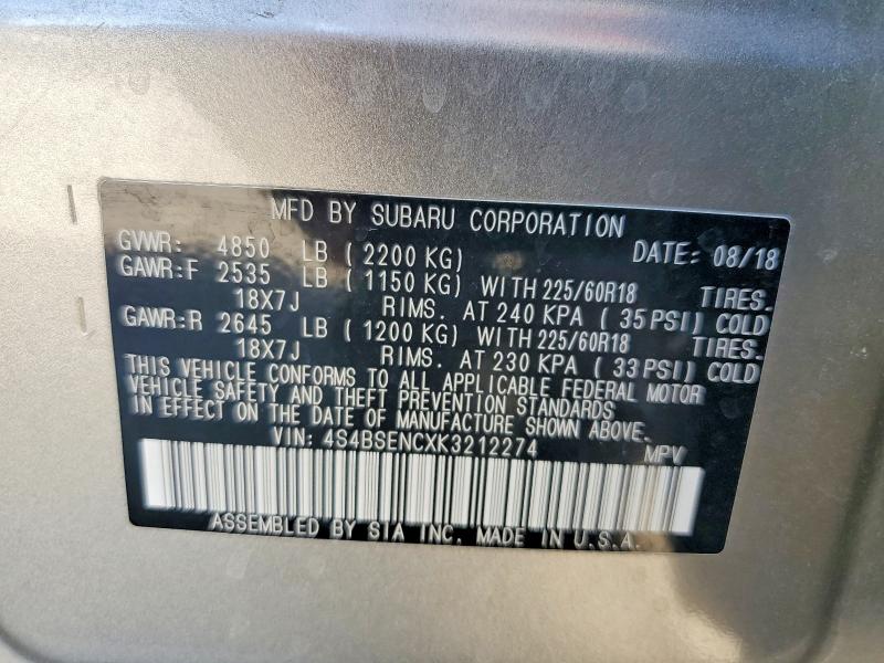 2019 Subaru Outback მანქანა იყიდება აუქციონზე, vin: 4S4BSENCXK3212274, აუქციონის ნომერი: 62533566