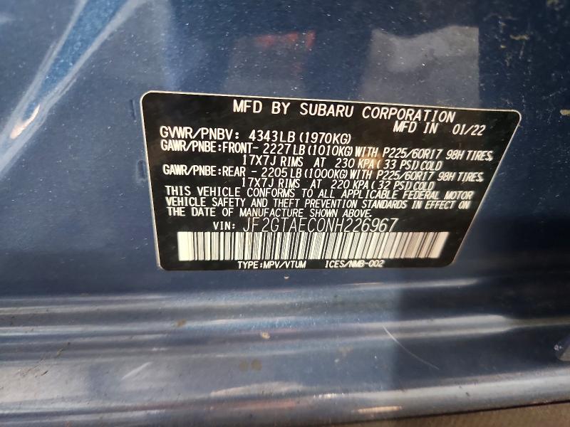 2022 Subaru Crosstrek მანქანა იყიდება აუქციონზე, vin: JF2GTAEC0NH226967, აუქციონის ნომერი: 64038106