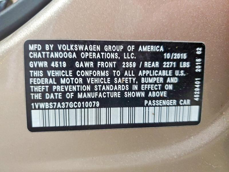 67486986 :رقم المزاد ، 1VWBS7A37GC010079 vin ، 2016 Volkswagen Passat مزاد بيع