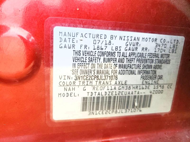 67132356 :رقم المزاد ، 3N1CE2CP8JL371076 vin ، 2018 Nissan Versa Note مزاد بيع
