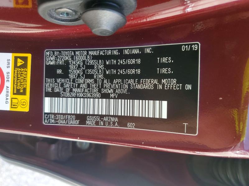65175686 :رقم المزاد ، 5TDBZRFHXKS963990 vin ، 2019 Toyota Highlander مزاد بيع