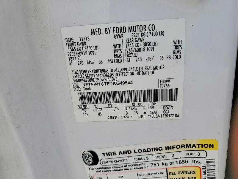 2013 Ford F150 მანქანა იყიდება აუქციონზე, vin: 1FTFW1CT8DKG49544, აუქციონის ნომერი: 64917646