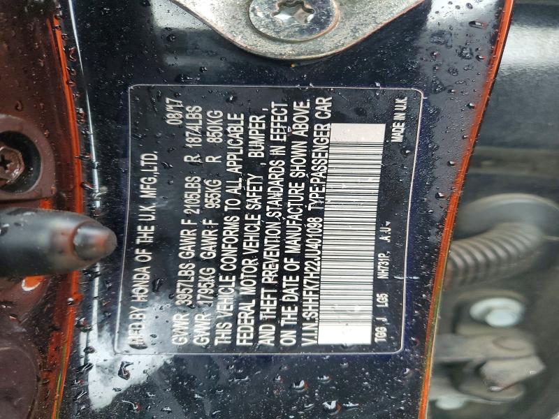 63551066 :رقم المزاد ، SHHFK7H22JU401098 vin ، 2018 Honda Civic مزاد بيع