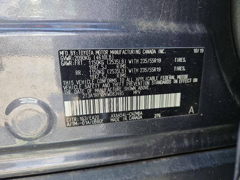 2019 Toyota Rav4 მანქანა იყიდება აუქციონზე, vin: 2T3A1RFV2KW083485, აუქციონის ნომერი: 64847356