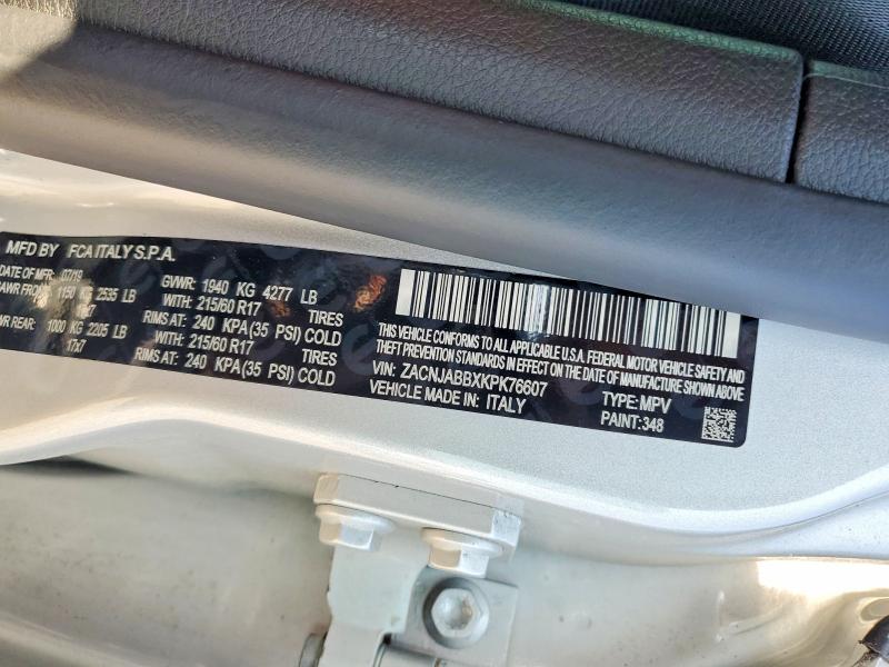 2019 Jeep Renegade მანქანა იყიდება აუქციონზე, vin: ZACNJABBXKPK76607, აუქციონის ნომერი: 63280246
