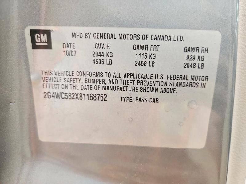 66022266 :رقم المزاد ، 2G4WC582X81168762 vin ، 2008 Buick Lacrosse مزاد بيع