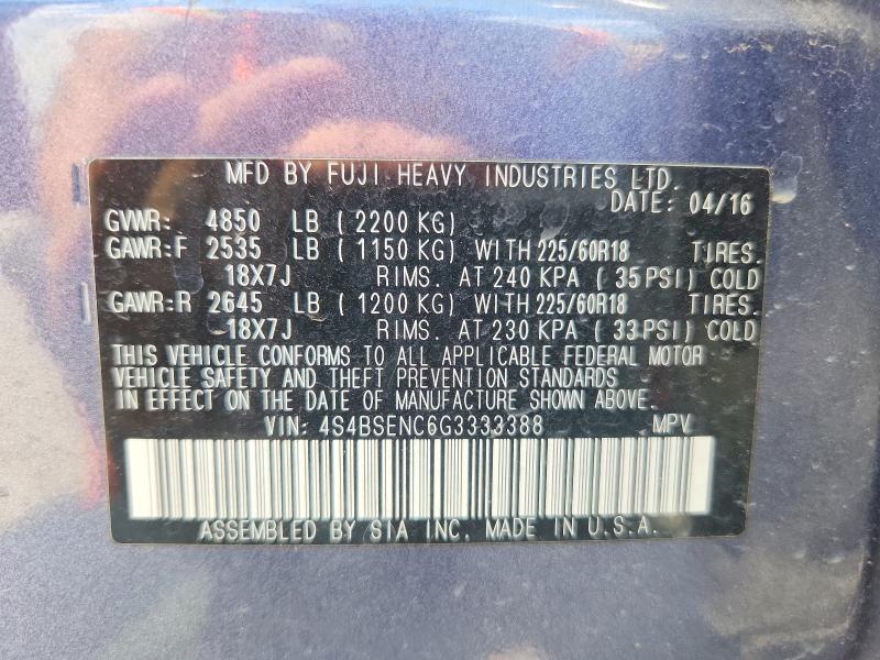 2016 Subaru Outback მანქანა იყიდება აუქციონზე, vin: 4S4BSENC6G3333388, აუქციონის ნომერი: 66934276