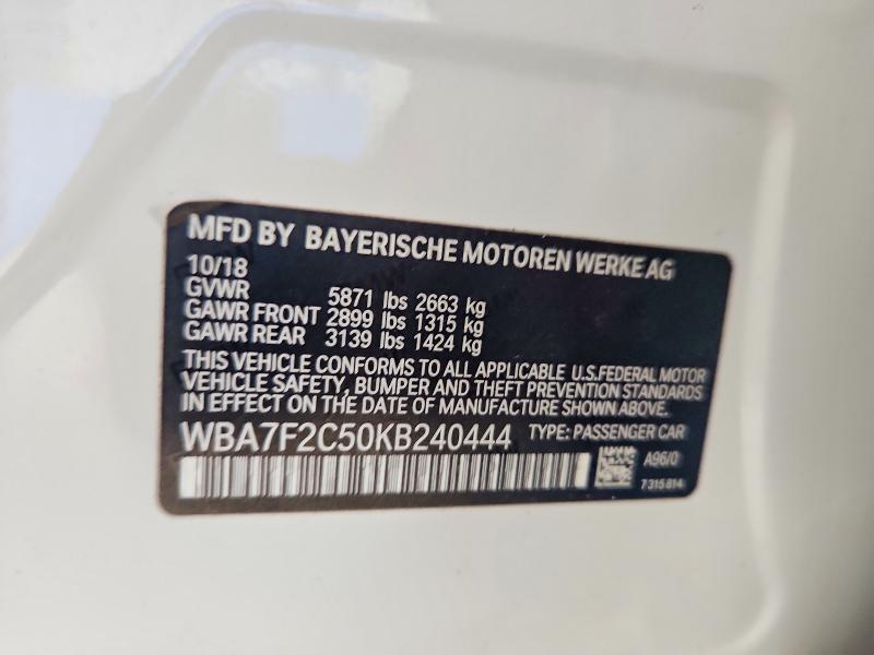 67431056 :رقم المزاد ، WBA7F2C50KB240444 vin ، 2019 Bmw 750 مزاد بيع