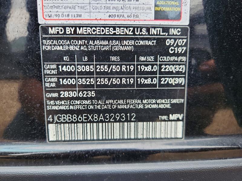 63665166 :رقم المزاد ، 4JGBB86EX8A329312 vin ، 2008 Mercedes-benz Ml مزاد بيع