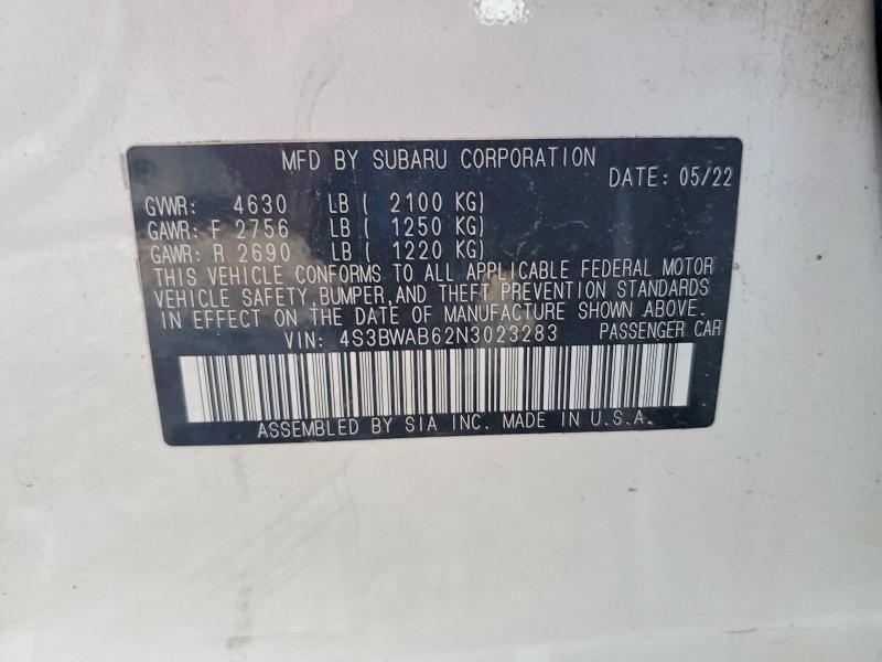 63581246 :رقم المزاد ، 4S3BWAB62N3023283 vin ، 2022 Subaru Legacy مزاد بيع