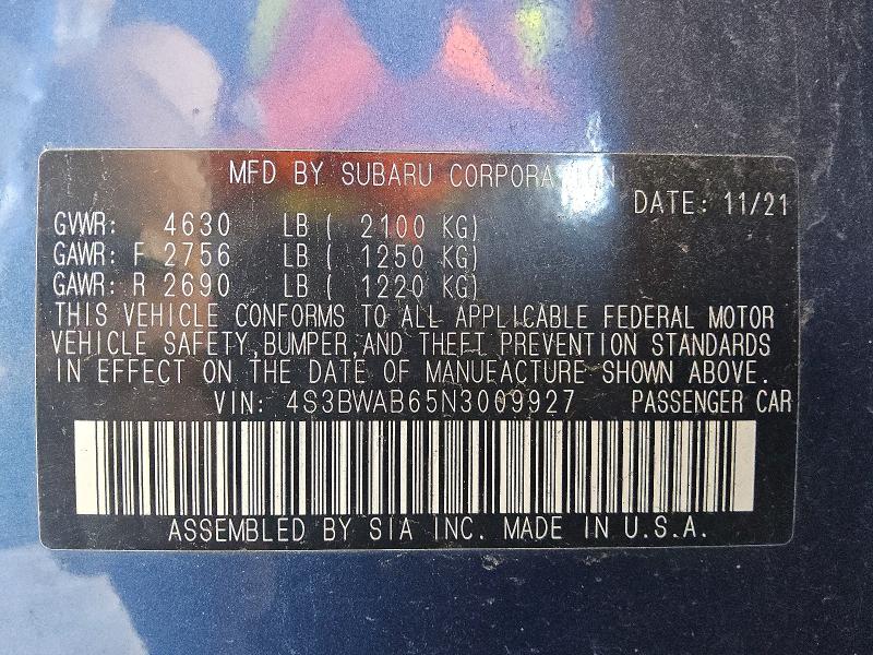 60552746 :رقم المزاد ، 4S3BWAB65N3009927 vin ، 2022 Subaru Legacy مزاد بيع