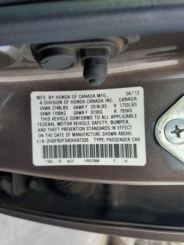 2013 Honda Civic მანქანა იყიდება აუქციონზე, vin: 2HGFB2F54DH547326, აუქციონის ნომერი: 66847466