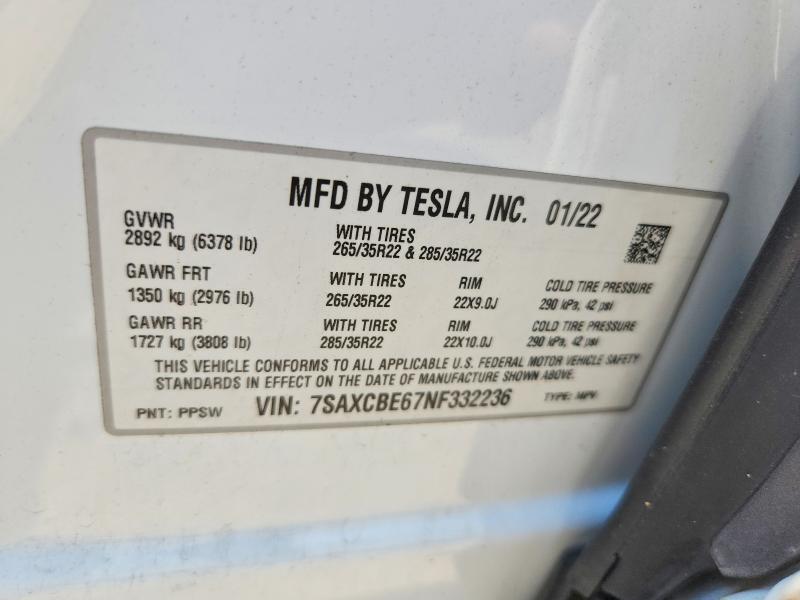 66757016 :رقم المزاد ، 7SAXCBE67NF332236 vin ، 2022 Tesla Model X مزاد بيع