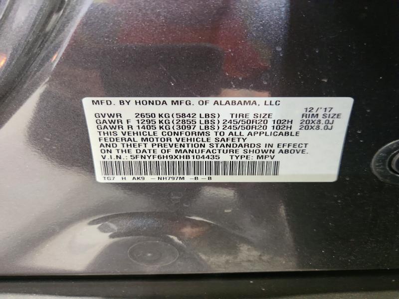 Продажа на аукционе авто 2017 Honda Pilot, vin: 5FNYF6H9XHB104435, номер лота: 61681196