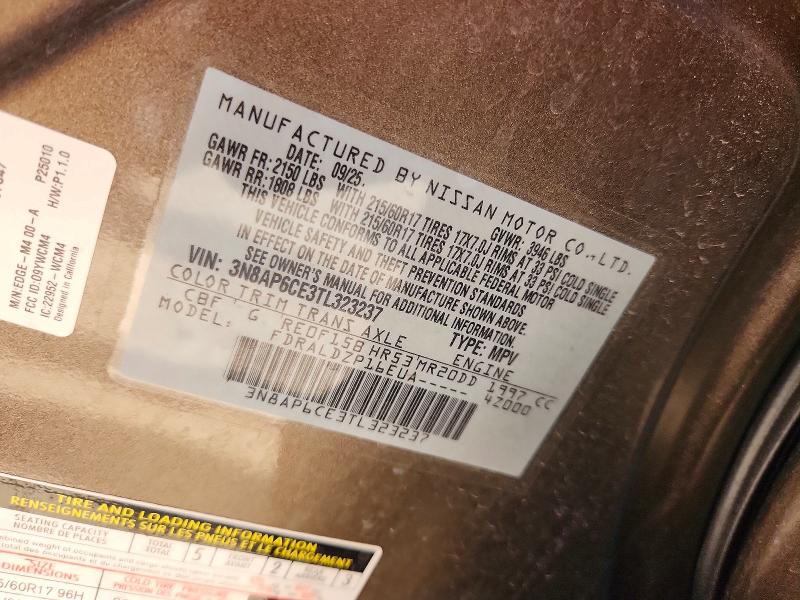 66185986 :رقم المزاد ، 3N8AP6CE3TL323237 vin ، 2026 Nissan Kicks Mpv مزاد بيع