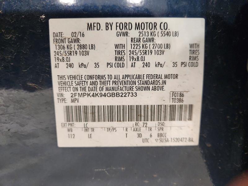 63819046 :رقم المزاد ، 2FMPK4K94GBB22733 vin ، 2016 Ford Edge مزاد بيع