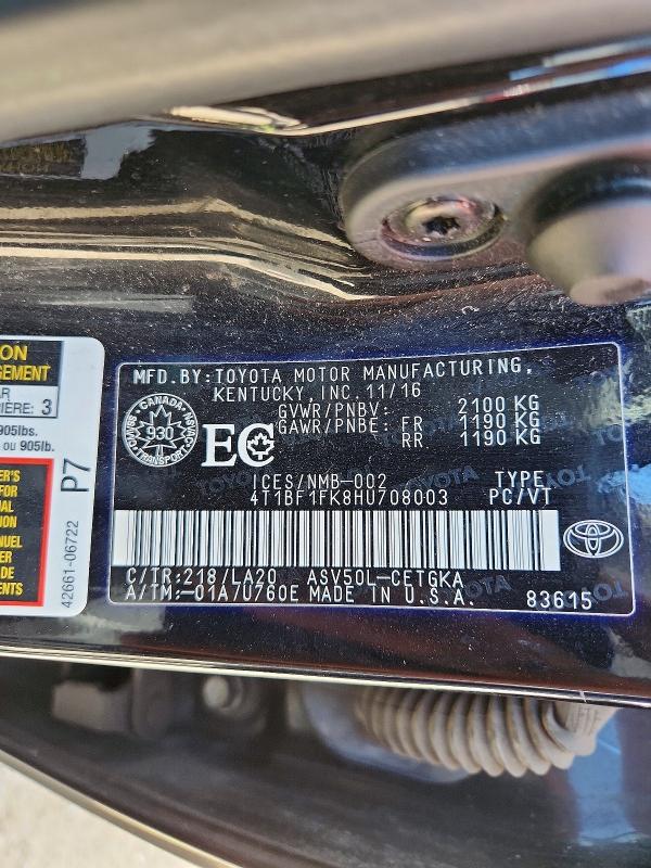 Продажа на аукционе авто 2017 Toyota Camry, vin: 4T1BF1FK8HU708003, номер лота: 64975076