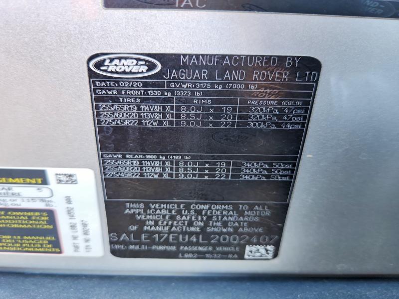 67152116 :رقم المزاد ، SALE17EU4L2002407 vin ، 2020 Land Rover Defender مزاد بيع
