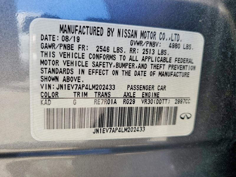 66948336 :رقم المزاد ، JN1EV7AP4LM202433 vin ، 2020 Infiniti Q50 مزاد بيع
