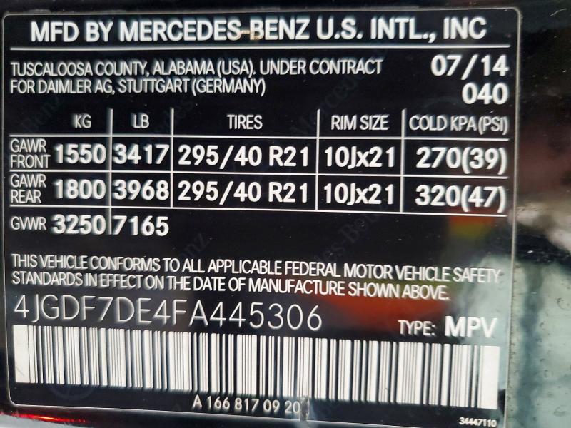 65126946 :رقم المزاد ، 4JGDF7DE4FA445306 vin ، 2015 Mercedes-benz Gl مزاد بيع