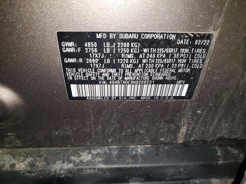 2022 Subaru Outback მანქანა იყიდება აუქციონზე, vin: 4S4BTADC9N3208521, აუქციონის ნომერი: 64144726