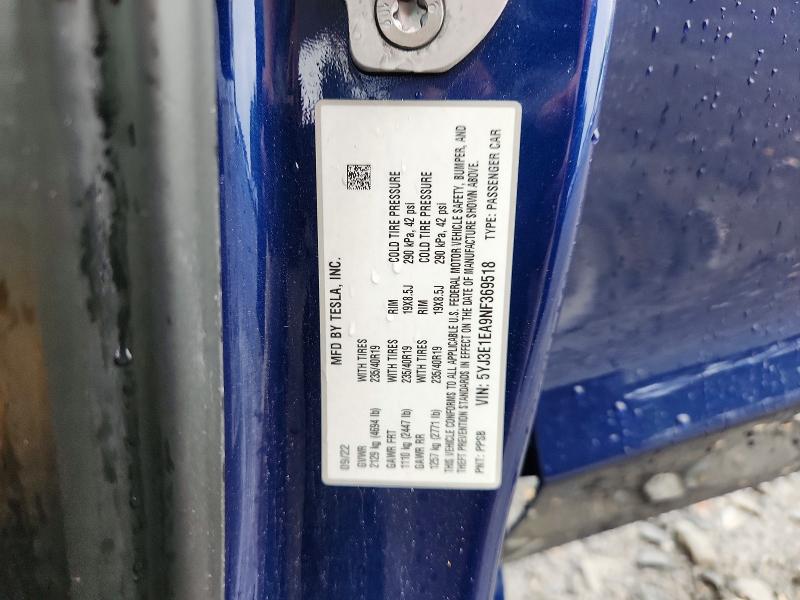 2022 Tesla Model 3 მანქანა იყიდება აუქციონზე, vin: 5YJ3E1EA9NF369518, აუქციონის ნომერი: 63532766