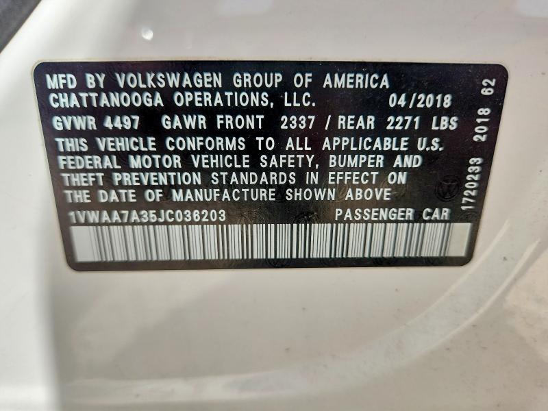Aukcja sprzedaży 2018 Volkswagen Passat, vin: 1VWAA7A35JC036203, numer aukcji: 65661346