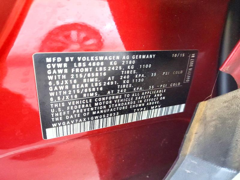 65945766 :رقم المزاد ، WVGAV7AX1GW052833 vin ، 2016 Volkswagen Tiguan مزاد بيع