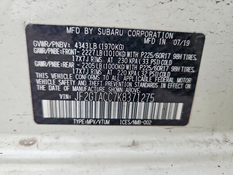 Aukcja sprzedaży 2019 Subaru Crosstrek, vin: JF2GTACC7K8371275, numer aukcji: 65774526