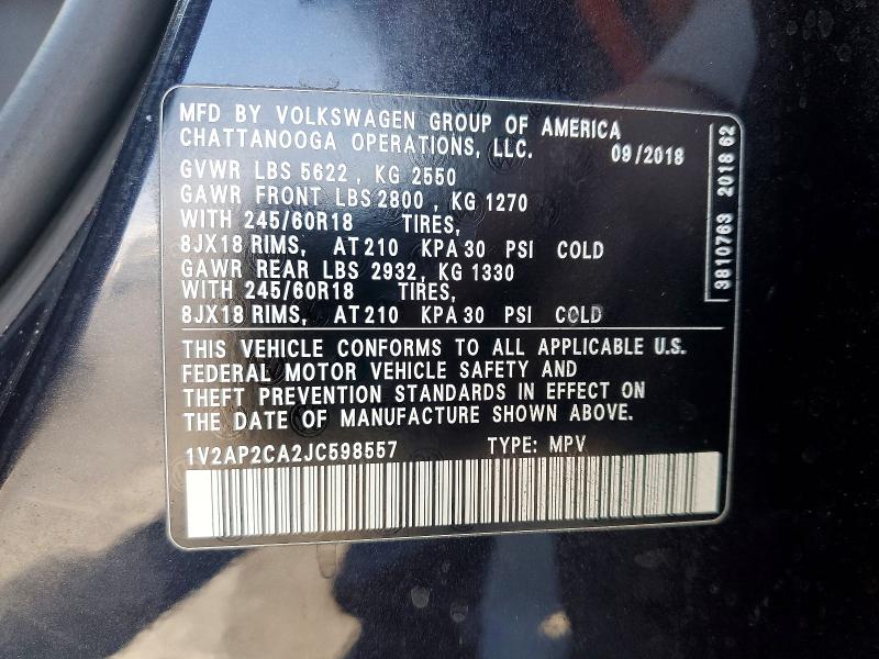 2018 Volkswagen Atlas მანქანა იყიდება აუქციონზე, vin: 1V2AP2CA2JC598557, აუქციონის ნომერი: 65867076