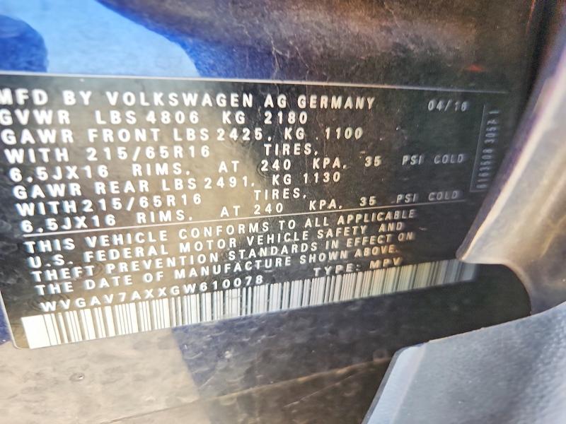2016 Volkswagen Tiguan მანქანა იყიდება აუქციონზე, vin: WVGAV7AXXGW610078, აუქციონის ნომერი: 63884026