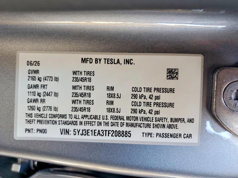 63212746 :رقم المزاد ، 5YJ3E1EA3TF208885 vin ، 2026 Tesla Model 3 مزاد بيع