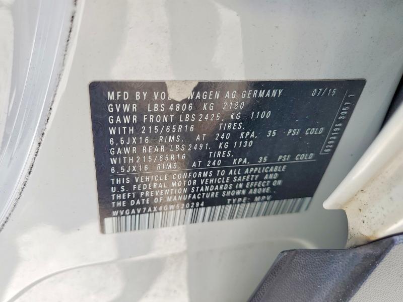 64836726 :رقم المزاد ، WVGAV7AX4GW520294 vin ، 2016 Volkswagen Tiguan مزاد بيع