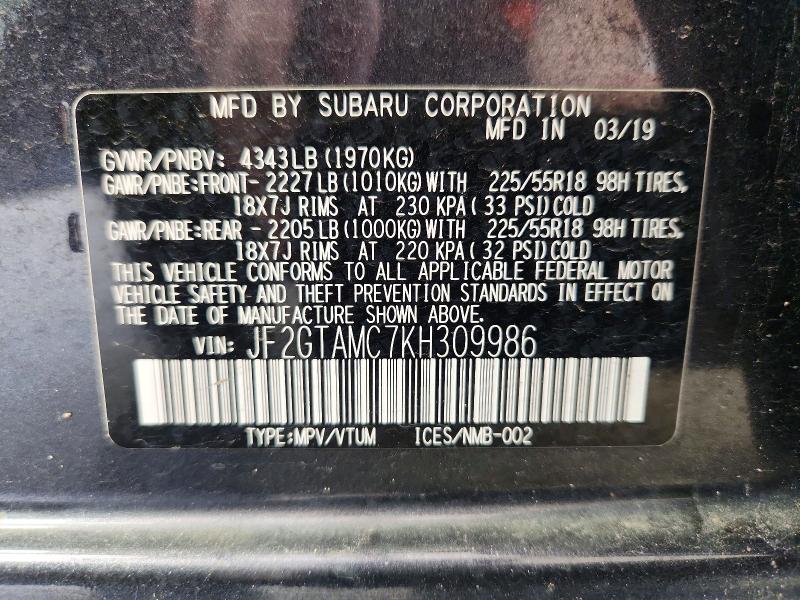 64692876 :رقم المزاد ، JF2GTAMC7KH309986 vin ، 2019 Subaru Crosstrek مزاد بيع