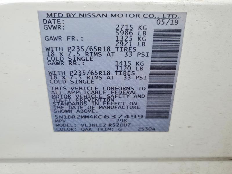 Продаж на аукціоні авто 2019 Nissan Pathfinder, vin: 5N1DR2MM4KC637499, номер лоту: 64552896