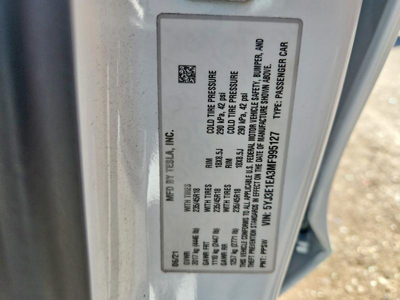 63573556 :رقم المزاد ، 5YJ3E1EA3MF995127 vin ، 2021 Tesla Model 3 مزاد بيع