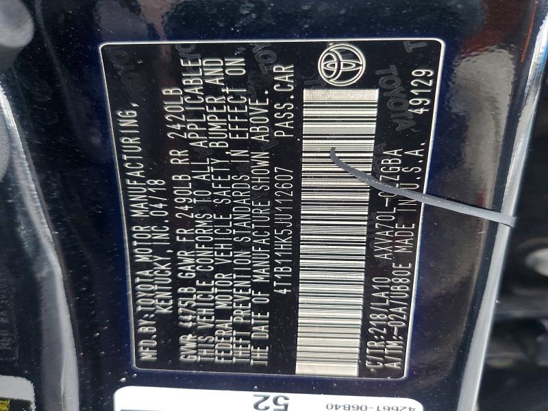 2018 Toyota Camry მანქანა იყიდება აუქციონზე, vin: 4T1B11HK5JU112607, აუქციონის ნომერი: 63990376